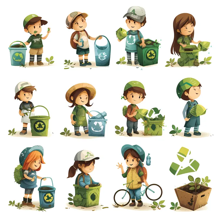 Children with Recycling Bins