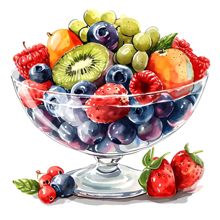 Illustration of a Fresh Fruit Salad in a Glass Bowl