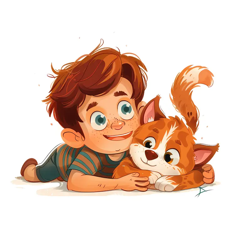 Cute Illustration of Child Lying Down with Kitten