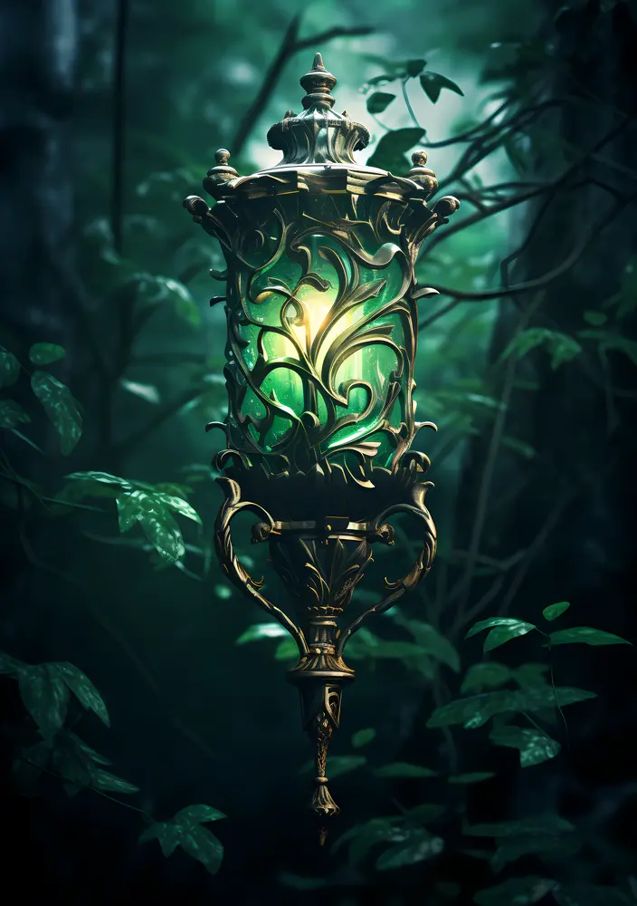 Ornate Lantern with Green Light in Forest