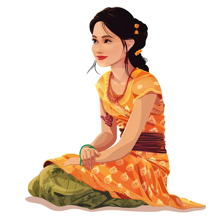 Woman in Traditional Orange Dress Sitting