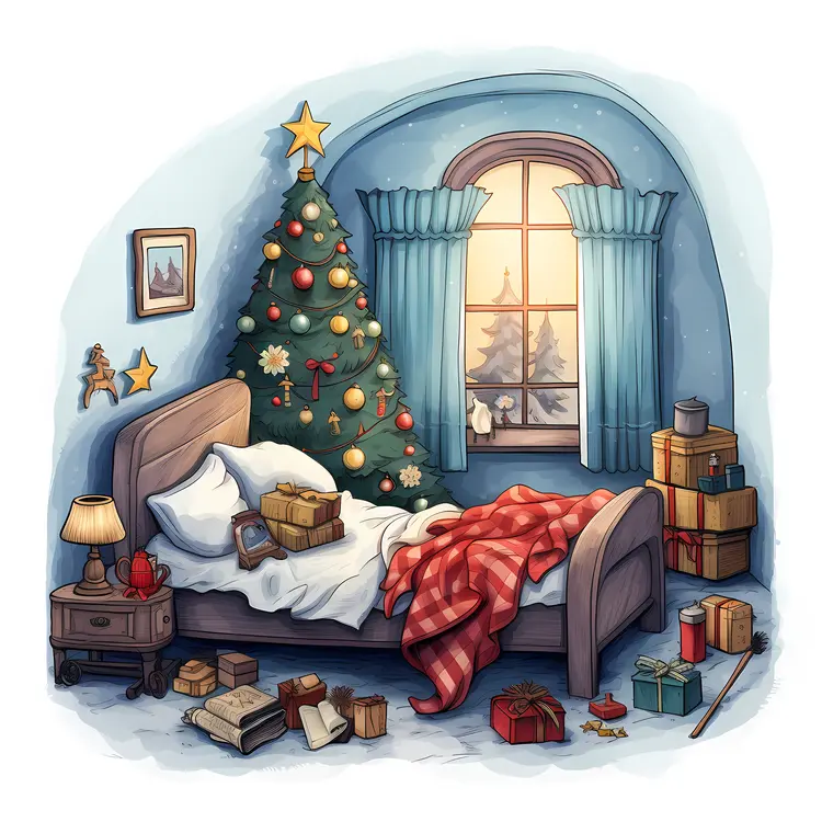 Christmas Bedroom with Tree and Gifts