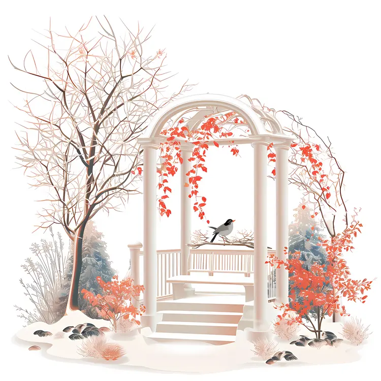 White Gazebo with Red Leaves in Winter