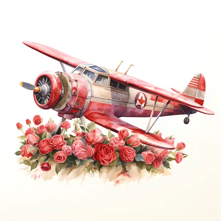 Red Vintage Airplane with Roses