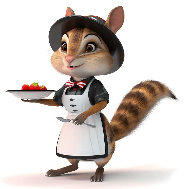 Cheerful Waitress Squirrel with Strawberries