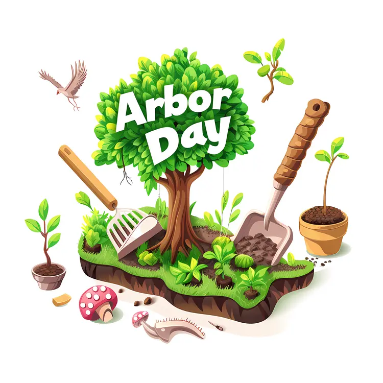 Arbor Day Celebration with Tree and Gardening Tools