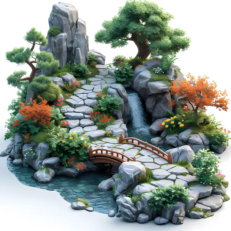 Serene Japanese Garden with Stone Path and Bridge