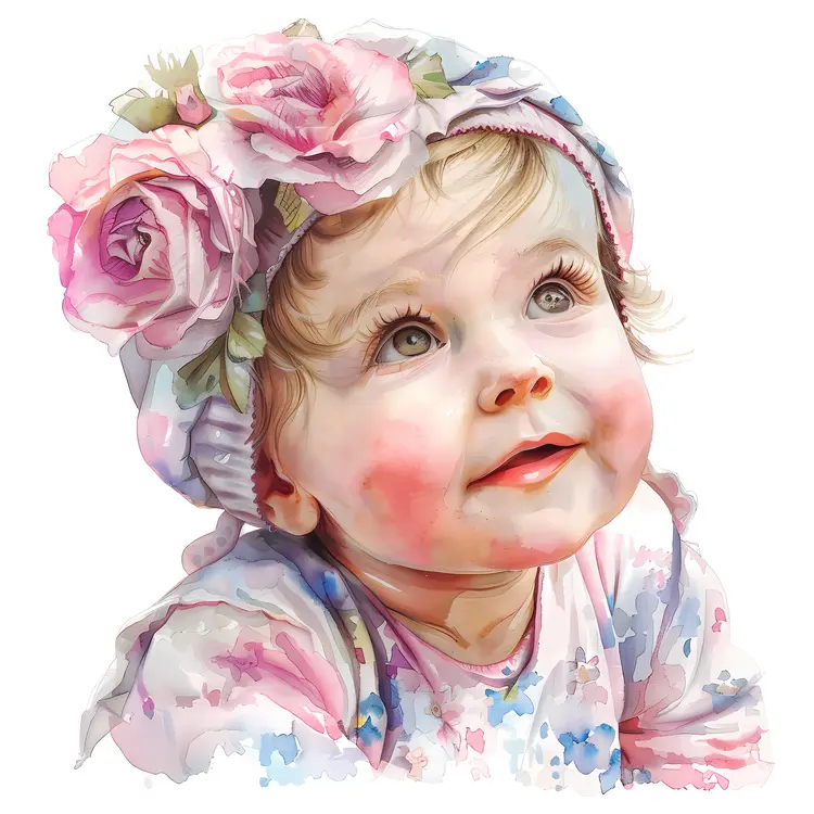 Cute Baby with Floral Hat Looking Up