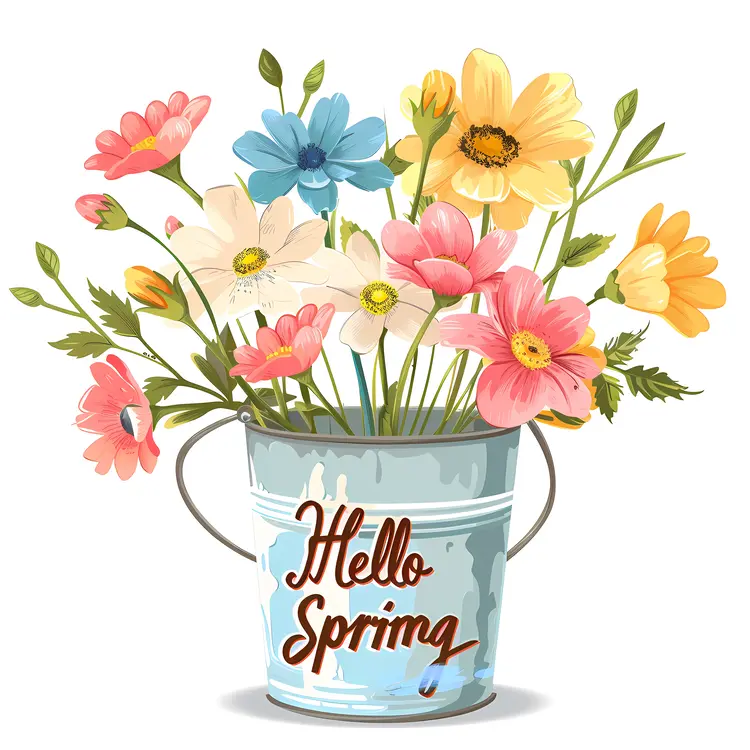 Hello Spring with Pastel Flowers in a Bucket