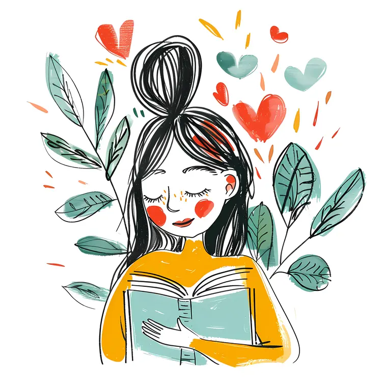 Girl Reading Book with Leaves and Hearts