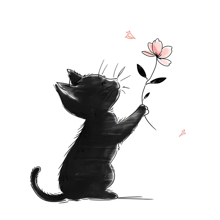 Black Kitten Holding a Flower