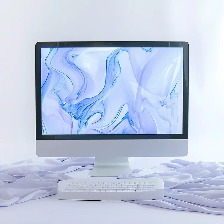 Modern Computer with Blue Abstract Background and Keyboard