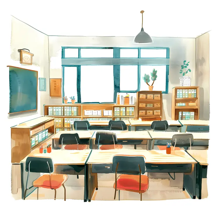 Bright Classroom with Desks and Chairs