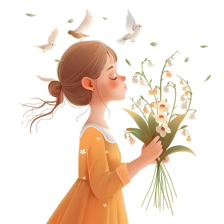 Girl Holding Lily of the Valley with Birds