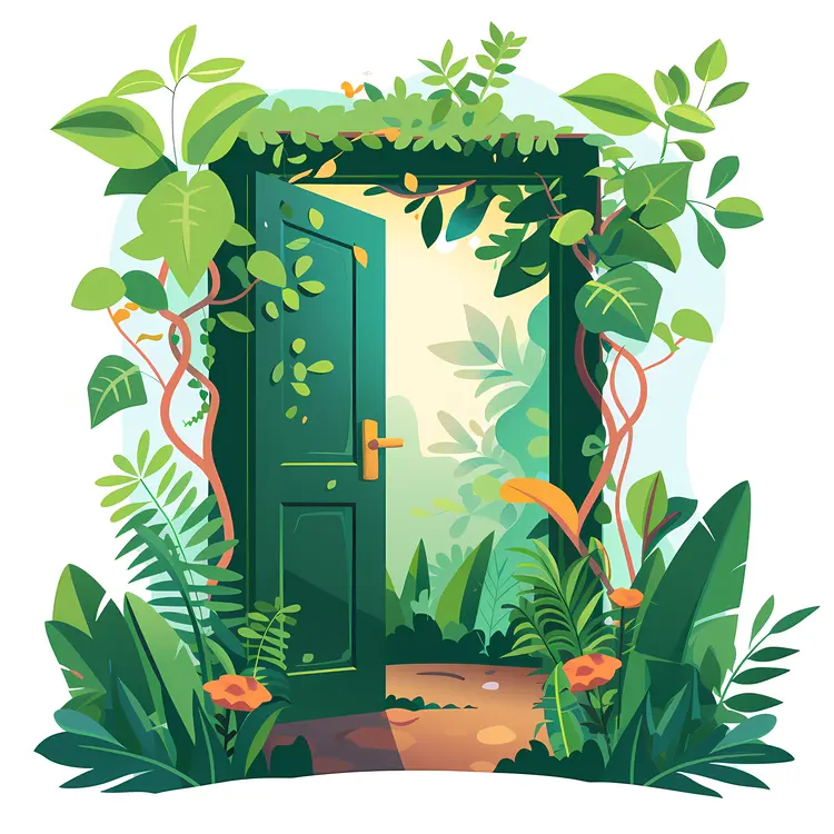 Green Door with Plants in a Bright Garden