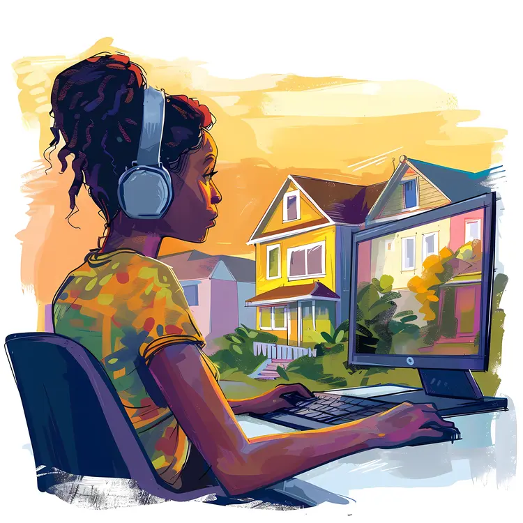 Person Working from Home at Sunset