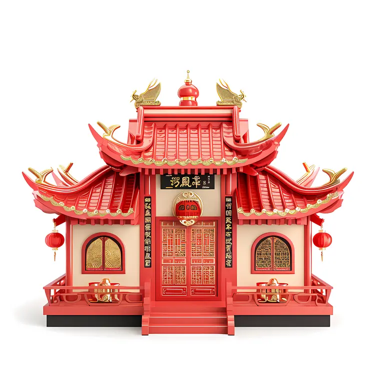 Red Chinese House with Golden Roof and Lanterns