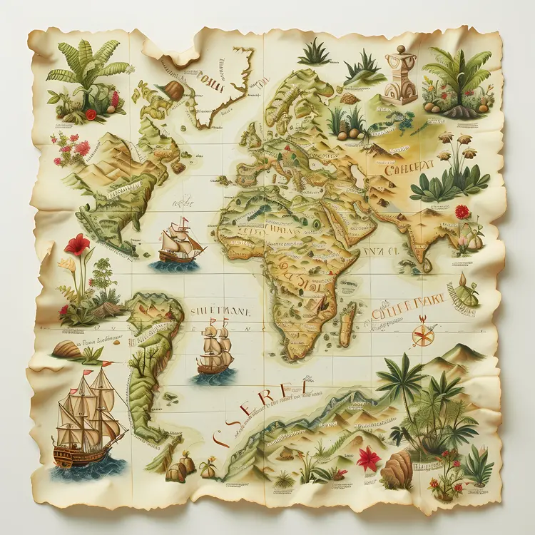 Antique Treasure Map with Ships and Islands