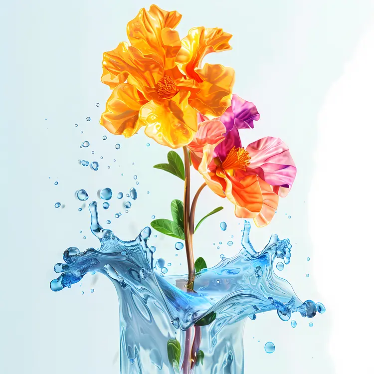 Colorful Flowers with Water Splash