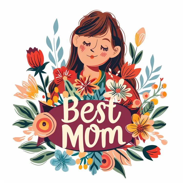 Best Mom Text with Floral and Woman Illustration