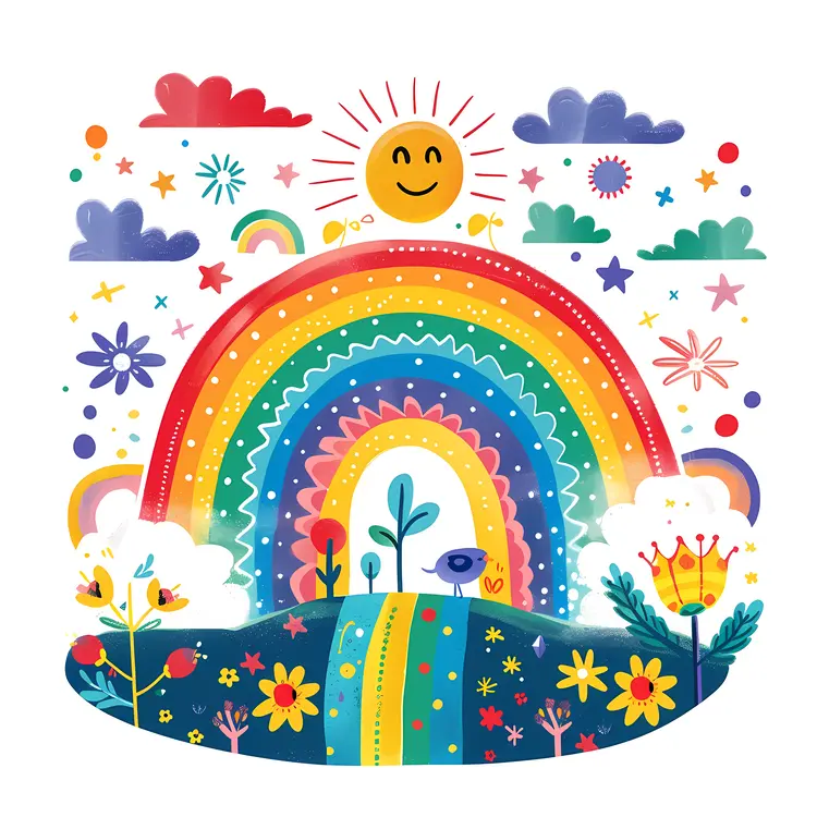 Colorful Rainbow with Sun and Clouds