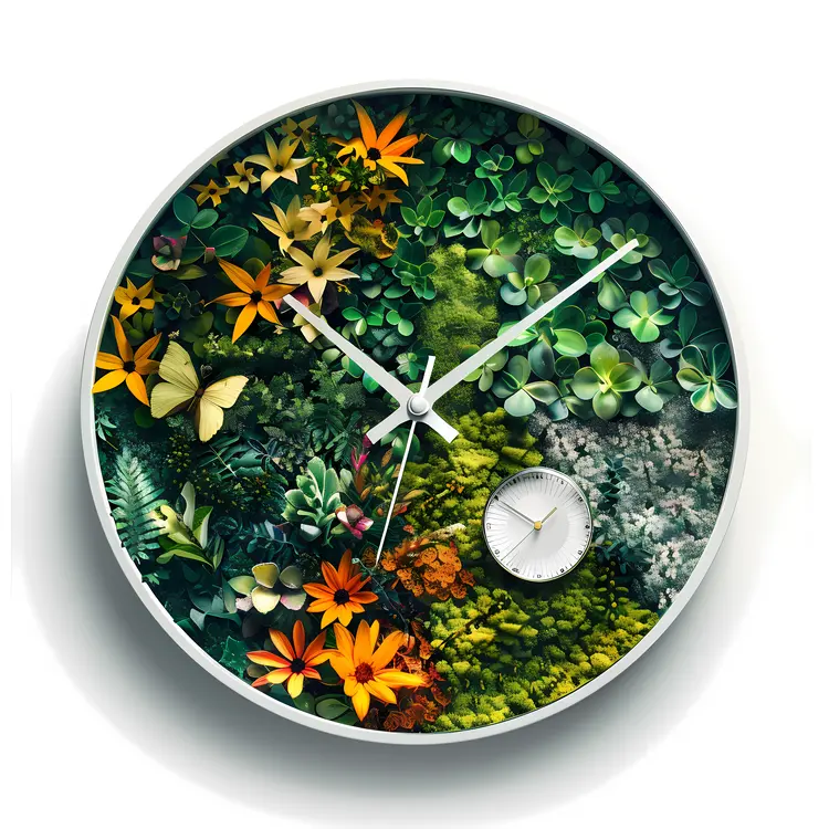 Greenery-Themed Clock with Flowers and Butterflies