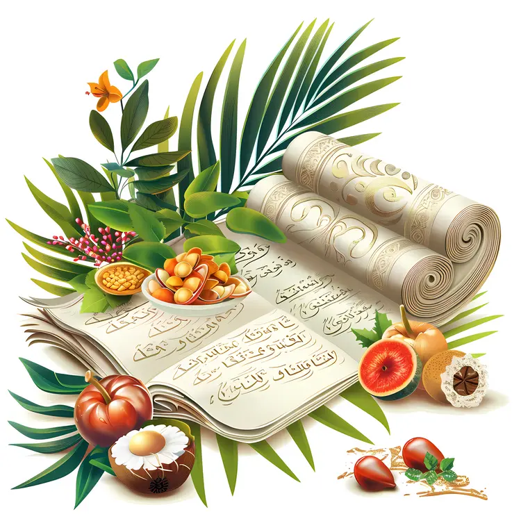 Scrolls with Fruits and Leaves Illustration
