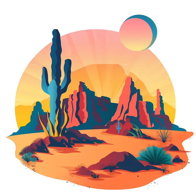 Colorful Desert Landscape with Cactus and Sun