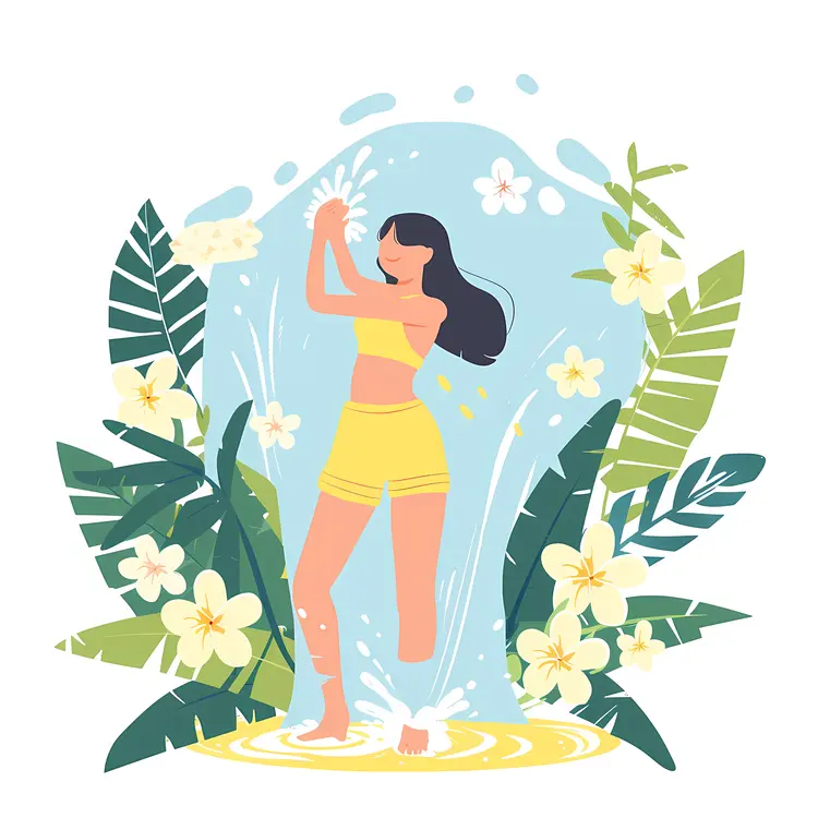 Joyful Girl with Flowers and Water