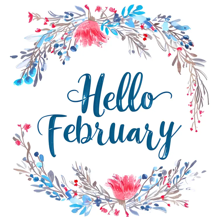 Hello February with Blue and Pink Flowers Wreath