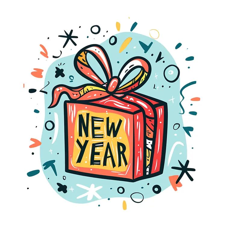 New Year Gift Box with Colorful Decorations