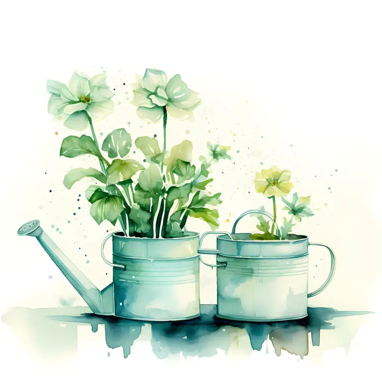 Green Plants in Watering Cans