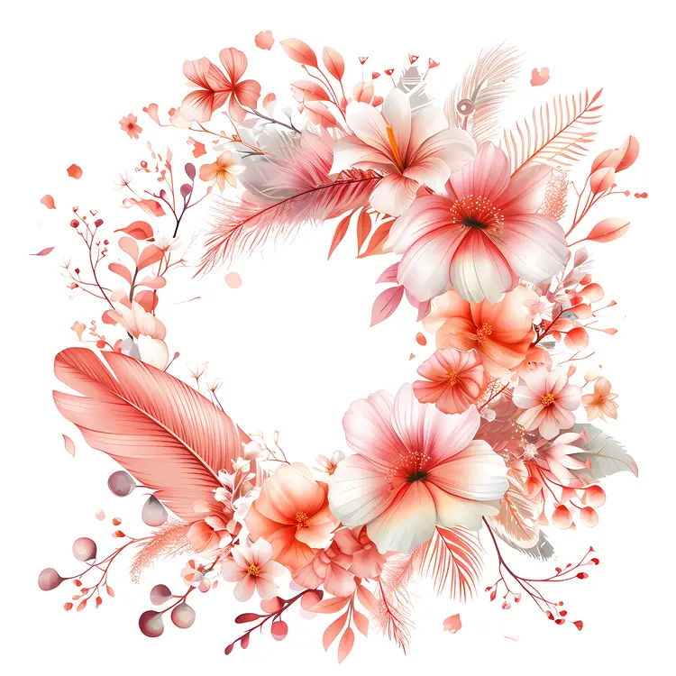 Pink and White Floral Wreath with Feathers