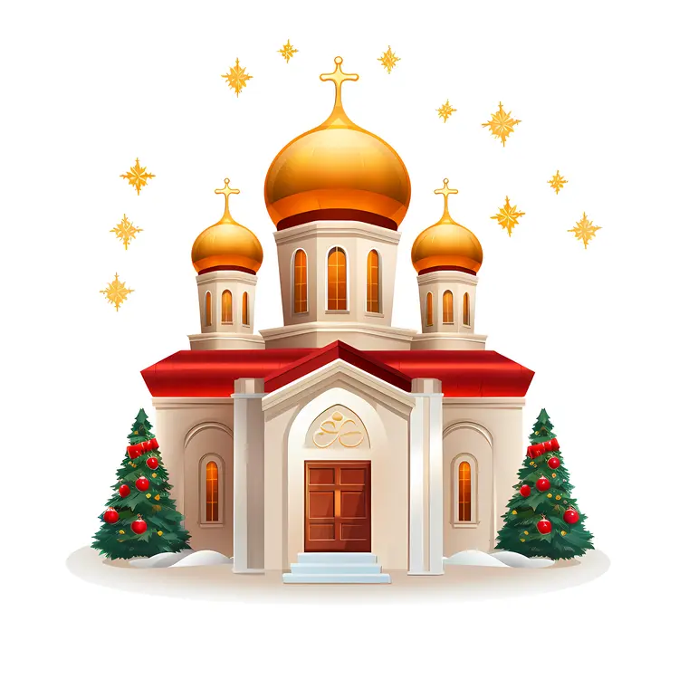 Golden Domed Church with Christmas Trees