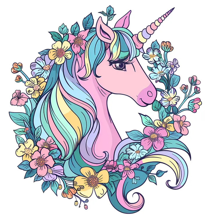 Colorful Unicorn with Floral Wreath