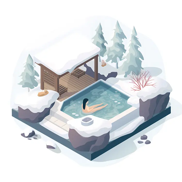 Person Enjoying Hot Spring in Snowy Forest
