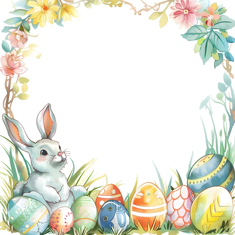 Easter Bunny with Colorful Eggs and Flowers