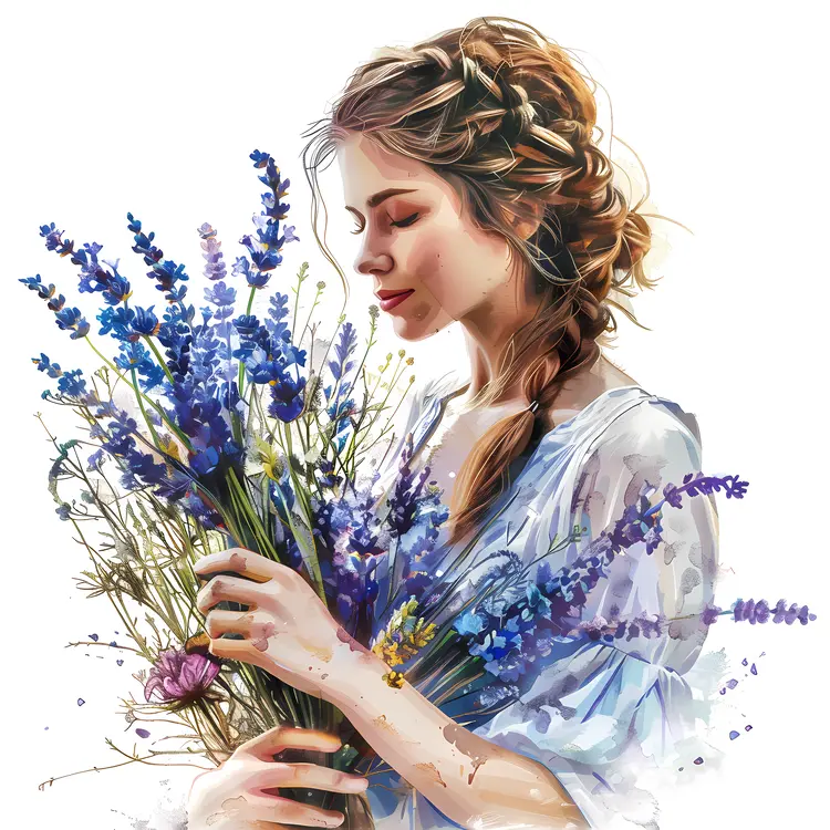 Girl Holding Lavender Flowers Illustration