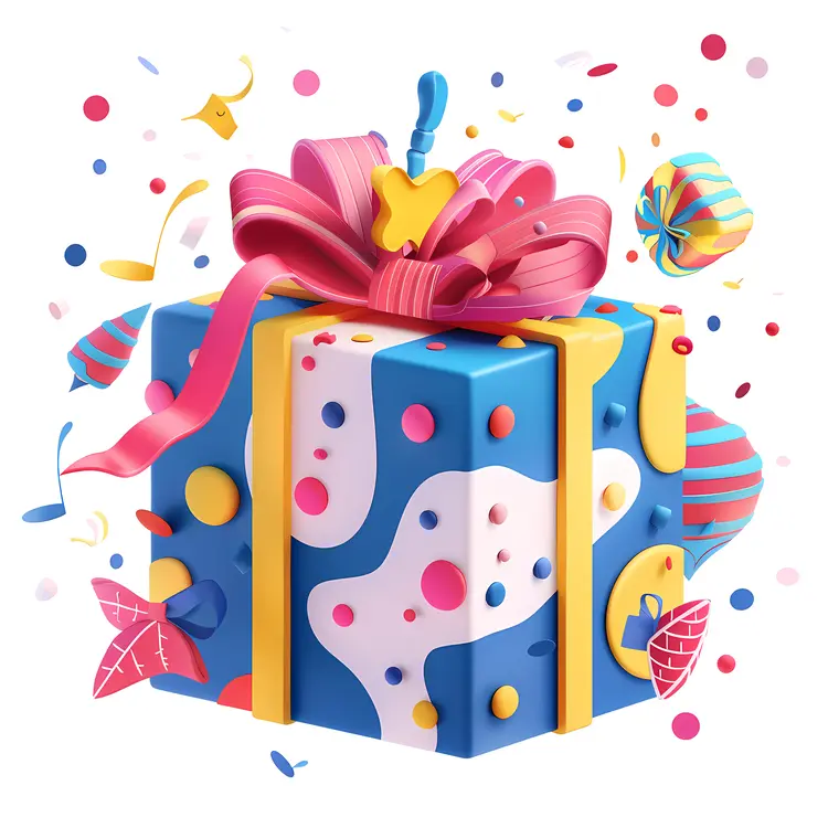 Colorful Gift Box with Ribbon and Confetti