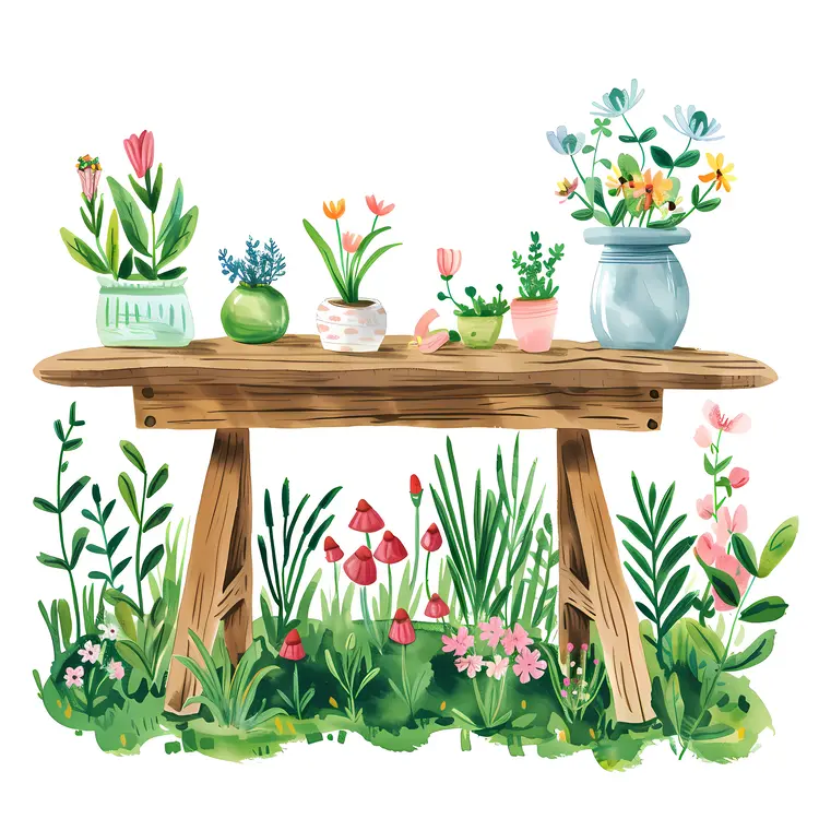 Potted Plants on Wooden Table with Grass