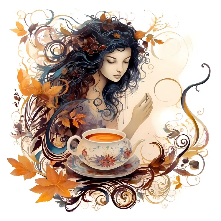 Tea Cup with Woman and Autumn Leaves