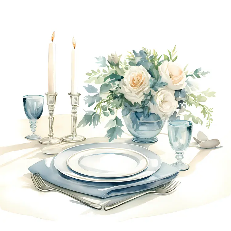 Elegant Table Setting with Blue Flowers and Candles