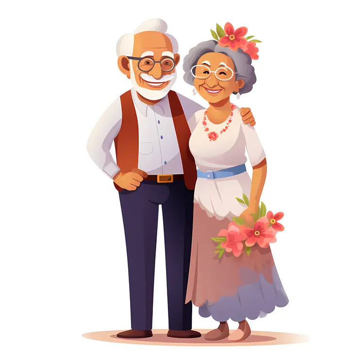 Happy Elderly Couple with Flowers for Grandparents Day