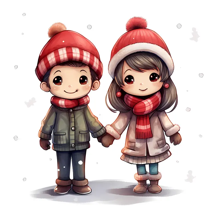 Two children in winter clothes holding hands