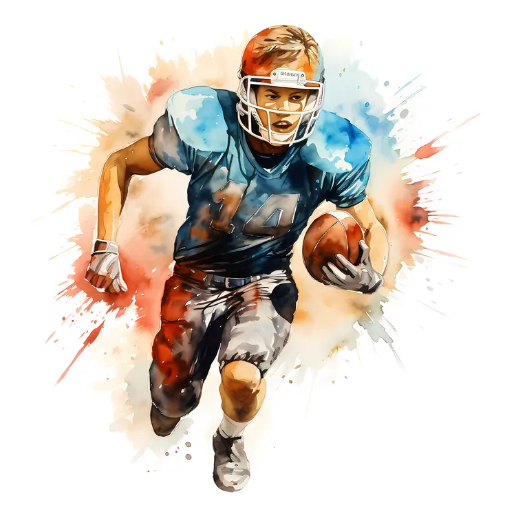 Football Player in Light Blue Jersey Running with Ball