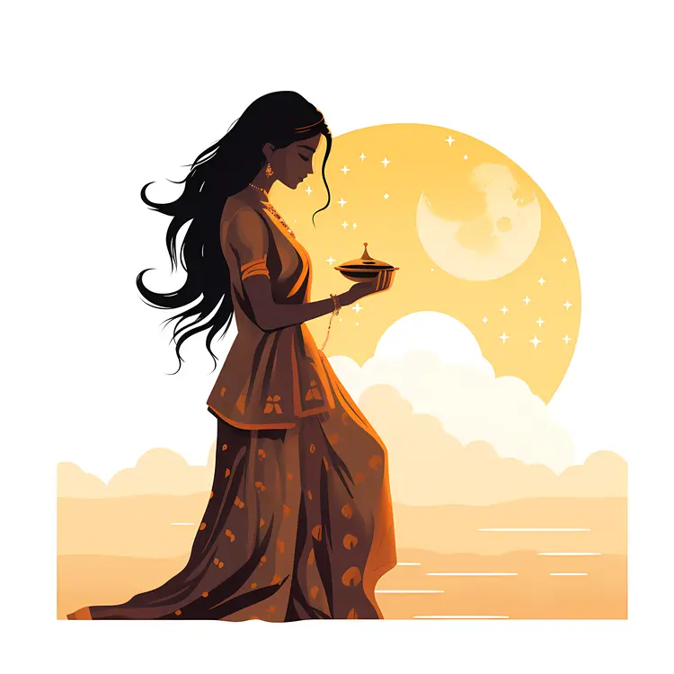 Woman Holding Lamp under the Moon