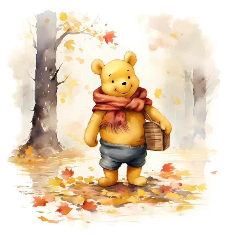 Yellow Bear Walking with Basket in Autumn