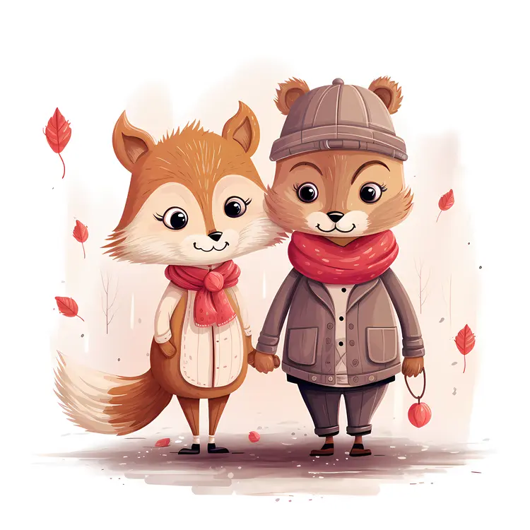 Cute Fox and Bear in Autumn Attire