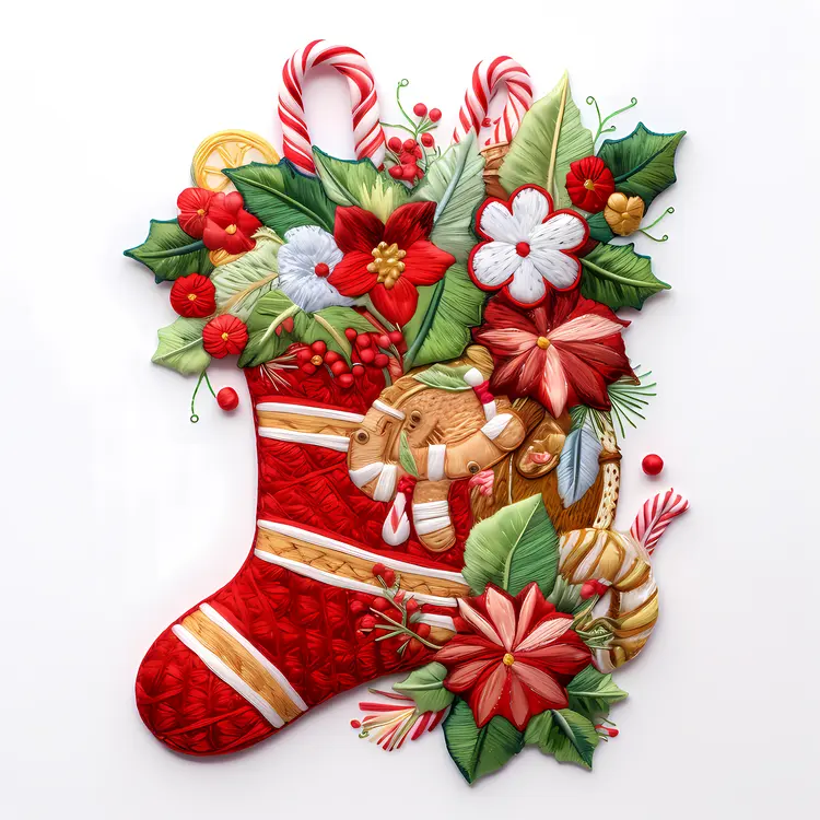 Red Christmas Stocking with Flowers and Candy Canes