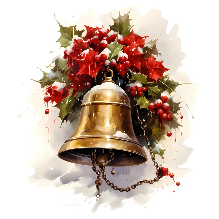 Golden Bell with Holly and Red Berries
